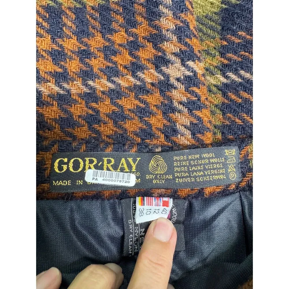 VINTAGE - GOR-RAY 100% Pure New Wool Herringbone Plaid Midi Skirt, Pleated